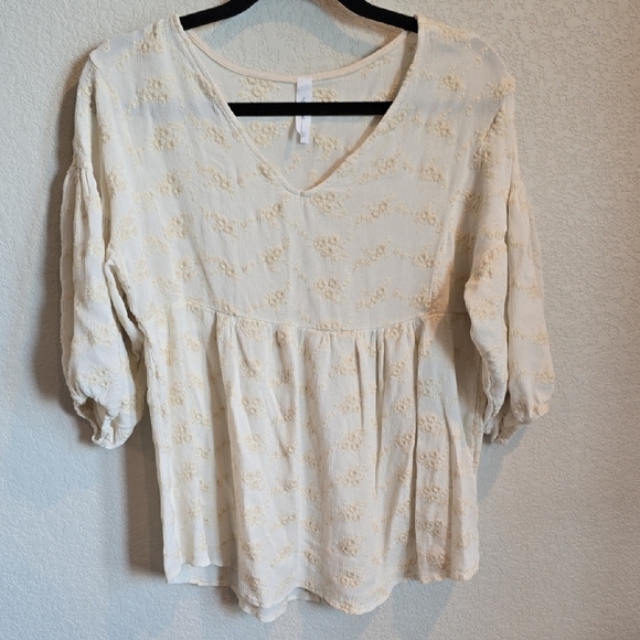 ​Honeyme Cream Embroidered Peasant Peplum Blouse | 3/4 Sleeve Small S - Picture 1 of 3
